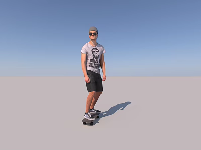 Man Skateboarding Wearing Sunglasses T-Shirt And Shorts On Open Gray Ground With Blue Sky 3d model
