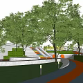 Outdoor Children's Play Area with Green Lawn Trees Curved Orange Gray Path and Slide