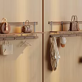 Organized Wall Mounted Shelves With Hanging Bags And Clothing On Wooden Wall