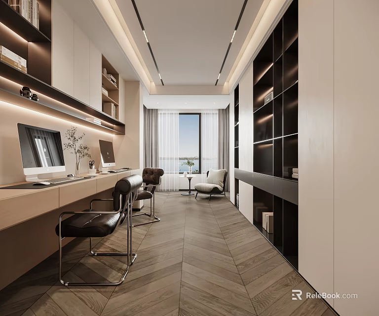 Modern Minimalist Study Room Interior With Desk Computer Chair Bookshelves Bright Window Wooden Floor 3d model 