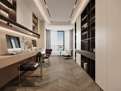 Modern Minimalist Study Room Interior With Desk Computer Chair Bookshelves Bright Window Wooden Floor 3d model