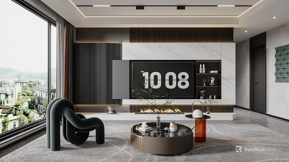 Modern Living Room TV Wall With Marble And Built In Shelves 3d model 
