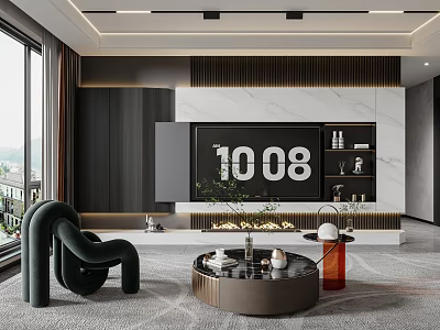 Modern Living Room TV Wall With Marble And Built In Shelves 3d model