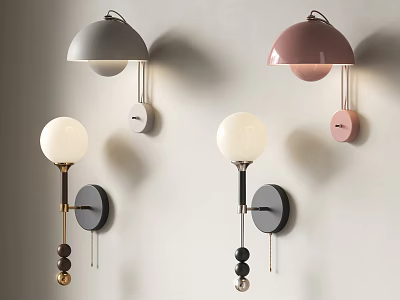 Gray And Pink Wall Mounted Lamps With White Globe Shades And Decorative Pendants 3d model