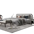 Modern Double Bed with Soft Pillows and Bedside Table Bench and Patterned Rug 3d model