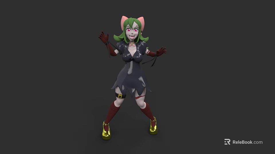 Woman In Black Dress With Green Hair Pink Cat Ears Red Stockings And Yellow Shoes 3d model 