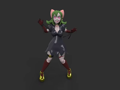 Woman In Black Dress With Green Hair Pink Cat Ears Red Stockings And Yellow Shoes 3d model