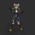 Woman In Black Dress With Green Hair Pink Cat Ears Red Stockings And Yellow Shoes