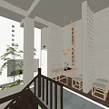 Traditional Teahouse Interior Design With Wooden Furniture Green Plants Hanging Lamps And Lattice Screens