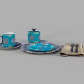 Blue And White Patterned Dinnerware Set With Mug Lidded Jar Plates Napkin Fork And Spoon 3d model