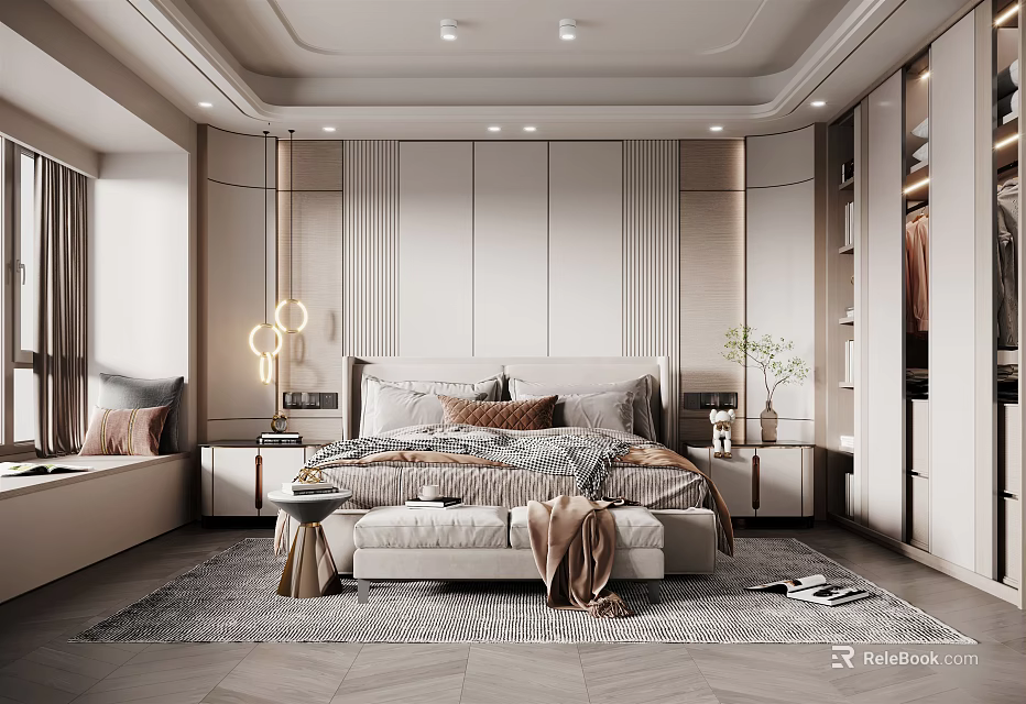 Modern Minimalist Bedroom Interior Design With Neutral Tones Bedside Tables Decorative Lights And Area Rug 3d model 