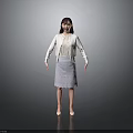 A Woman Standing In Gray Background Wearing White Cardigan And Lace Skirt With High Heels
