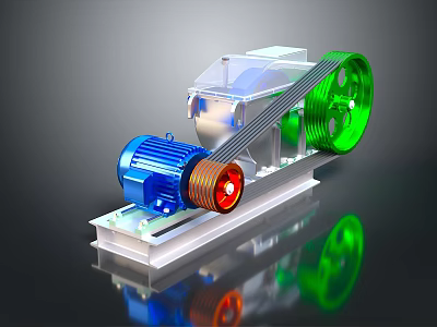 Mechanical Device With Blue Motor Red Wheel Green Pulley And Metal Frame 3d model