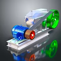 Mechanical Device With Blue Motor Red Wheel Green Pulley And Metal Frame
