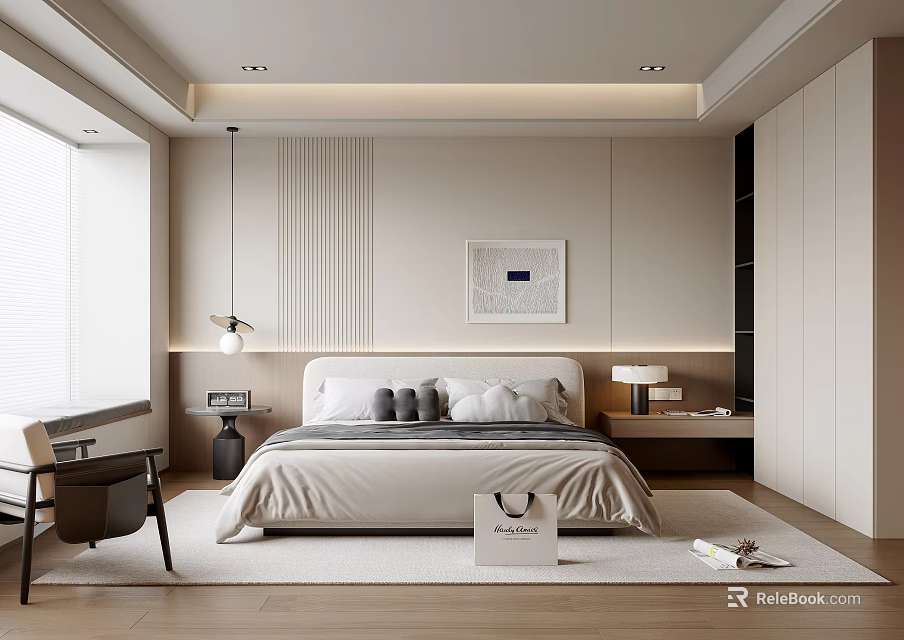 Modern Minimalist Bedroom Interior Design With Bed Nightstands Pendant Lamp Decorative Painting And Window Blinds 3d model 