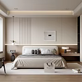 Modern Minimalist Bedroom Interior Design With Bed Nightstands Pendant Lamp Decorative Painting And Window Blinds