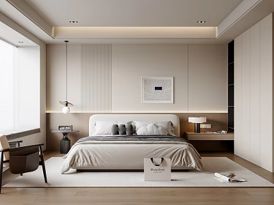 Modern Minimalist Bedroom Interior Design With Bed Nightstands Pendant Lamp Decorative Painting And Window Blinds 3d model