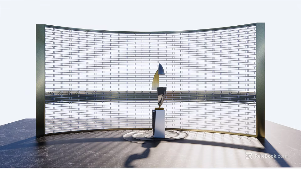 Curved Feature Wall With Metal Grid Design Fronted By Modern Sculpture Pedestal Under Sunlight Shadows 3d model 