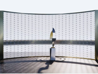 Curved Feature Wall With Metal Grid Design Fronted By Modern Sculpture Pedestal Under Sunlight Shadows 3d model