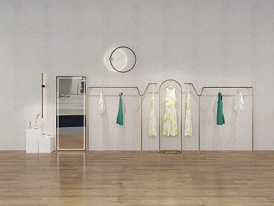 Modern Clothing Store Interior With Golden Racks Hanging Green White Garments Round Mirror 3d model