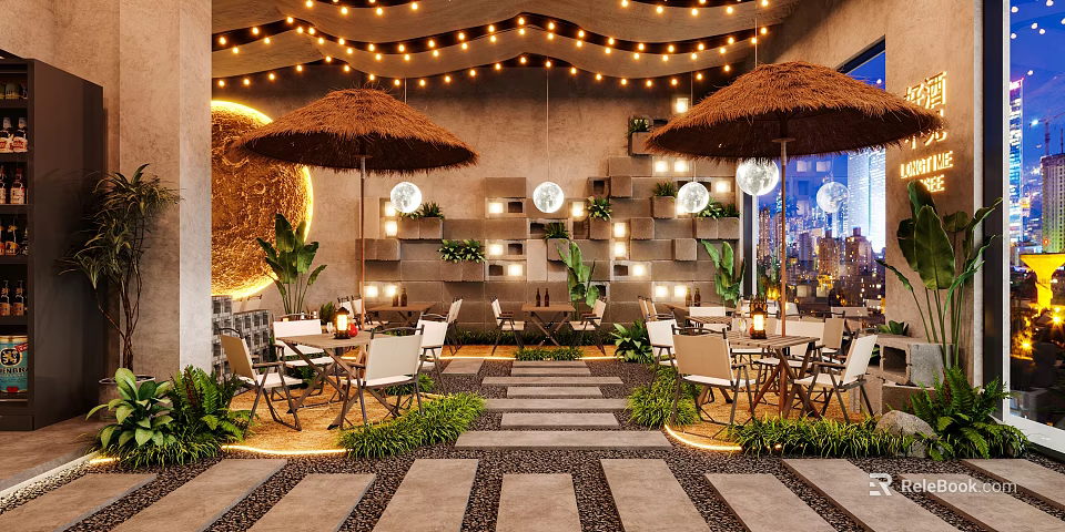 Outdoor Restaurant Design With Straw Umbrellas String Lights Stone Walls And Green Plants 3d model 