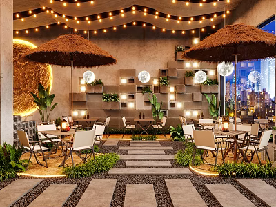 Outdoor Restaurant Design With Straw Umbrellas String Lights Stone Walls And Green Plants 3d model