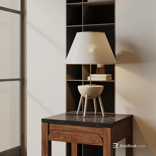 Modern Table Lamp with White Lampshade and Beige Three Legged Base on Dark Countertop and Bookshelf 3d model 