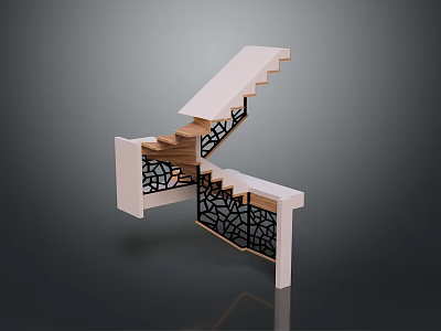 Modern Staircase Design Featuring White Steps Black Intricate Railings And Wooden Treads 3d model