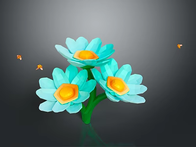 Teal Blue Flowers with Yellow Centers and Green Stems Attracting Small Bees in Bloom 3d model