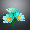 Teal Blue Flowers with Yellow Centers and Green Stems Attracting Small Bees in Bloom