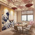 Traditional Japanese Dining Interior Featuring Cherry Blossom Decor Great Wave Mural Shoji Doors And Wooden Furniture