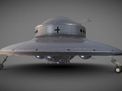 Silver Gray Circular UFO Model With Cross Symbol And Landing Wheels On Gray Background 3d model