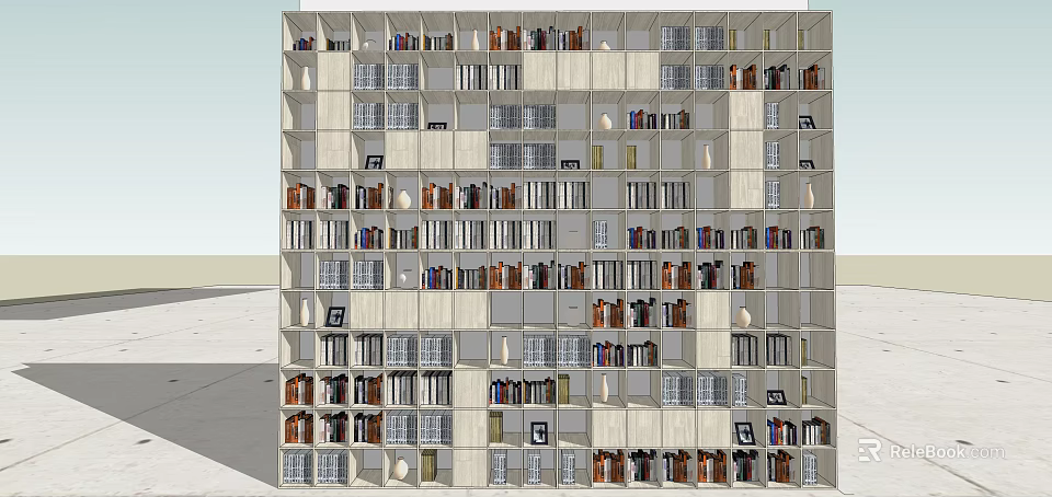 Modern Bookshelf with Multiple Open Compartments Filled with Books and Decorative Items 3d model 