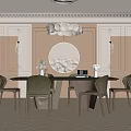 Elegant Modern Restaurant Interior With Dining Table Chairs Circular Decorative Wall And Herringbone Floor