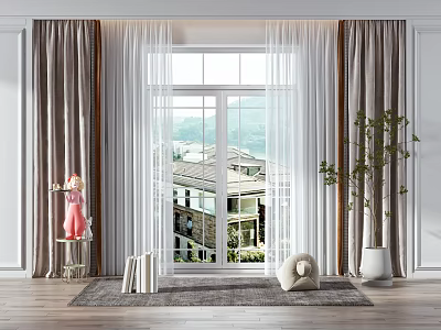 Modern White And Grey Curtains For Window With Scenic View And Interior Decor Elements 3d model