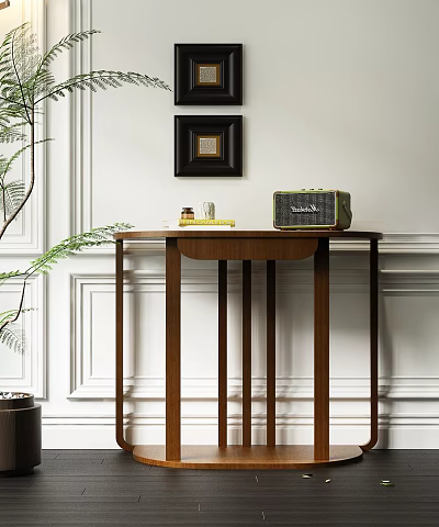 Wooden Console Table With White Paneled Wall Black Decorative Frames Green Radio Books And Plant 3d model