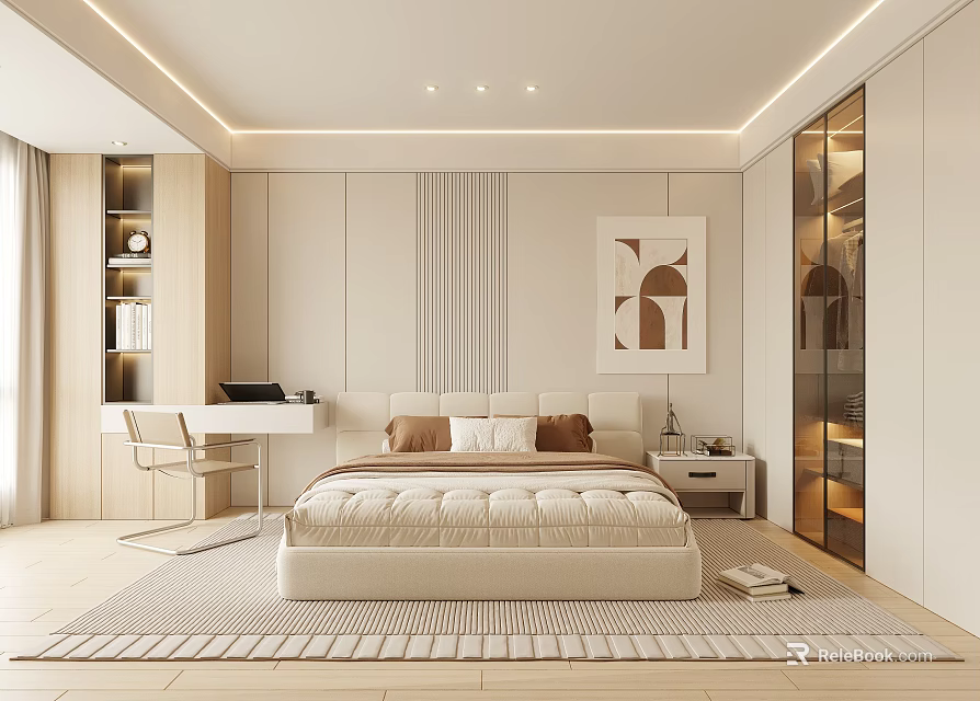 Modern Bedroom with Large Bed Beige Bedding Vertical Striped Headboard Wall Desk Chair Glass Wardrobe 3d model 