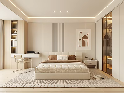 Modern Bedroom with Large Bed Beige Bedding Vertical Striped Headboard Wall Desk Chair Glass Wardrobe 3d model