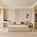 Modern Bedroom with Large Bed Beige Bedding Vertical Striped Headboard Wall Desk Chair Glass Wardrobe