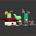 Fresh Fried Eggs in Frying Pans with Green Drinks Cake on Yellow Plate and Knives