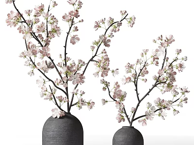 Elegant Decorative Ornament Set With Black Vases And Pink Cherry Blossom Branches 3d model
