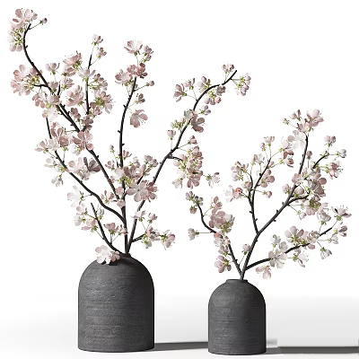 Elegant Decorative Ornament Set With Black Vases And Pink Cherry Blossom Branches 3d model