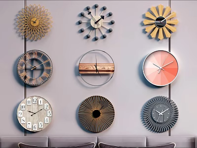 Various Designed Wall Clocks Displayed On Gray Wall For Home Decor 3d model
