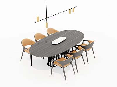 Modern Oval Dining Table Set With Six Chairs And Hanging Pendant Lights 3d model