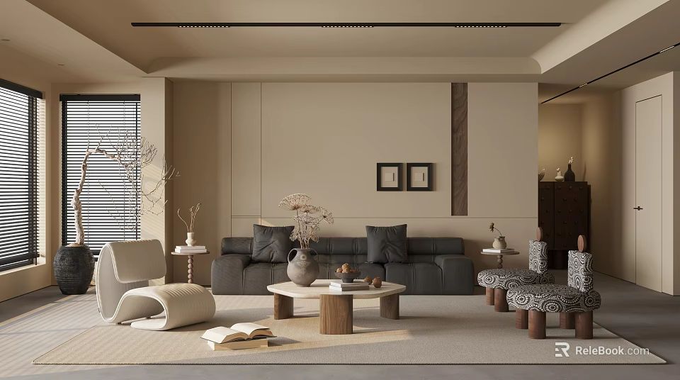 Modern Living Room Interior With Grey Sofa Wooden Coffee Table Accent Chairs And Wall Art 3d model 