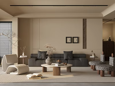 Modern Living Room Interior With Grey Sofa Wooden Coffee Table Accent Chairs And Wall Art 3d model