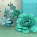 Pastel Colored Floral Display With Light Blue Pink Yellow Flowers Green Leaves And Geometric Background