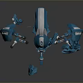 Futuristic Blue Mechanical Robot With Multiple Metallic Arms And Wing Like Components