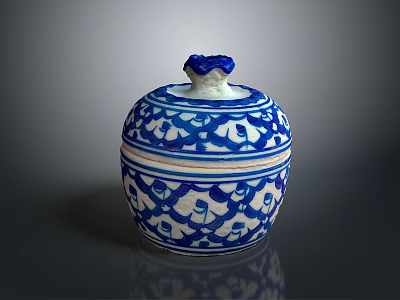 Blue and White Carved Jar with Ornate Lid and Intricate Patterns 3d model