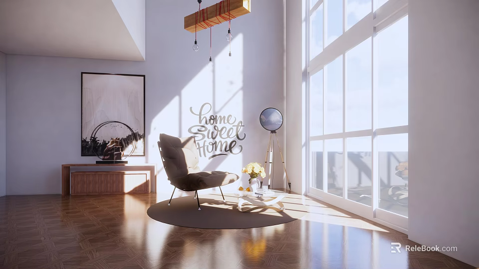 Elegant Modern Living Room Interior With Accent Chair Sunlight Large Window And Side Table 3d model 
